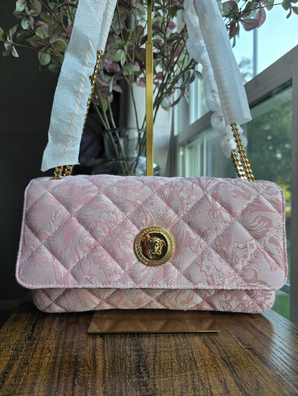 Versace Baroque Jacquard Quilted Medusa Shoulder Bag in Baby Pink